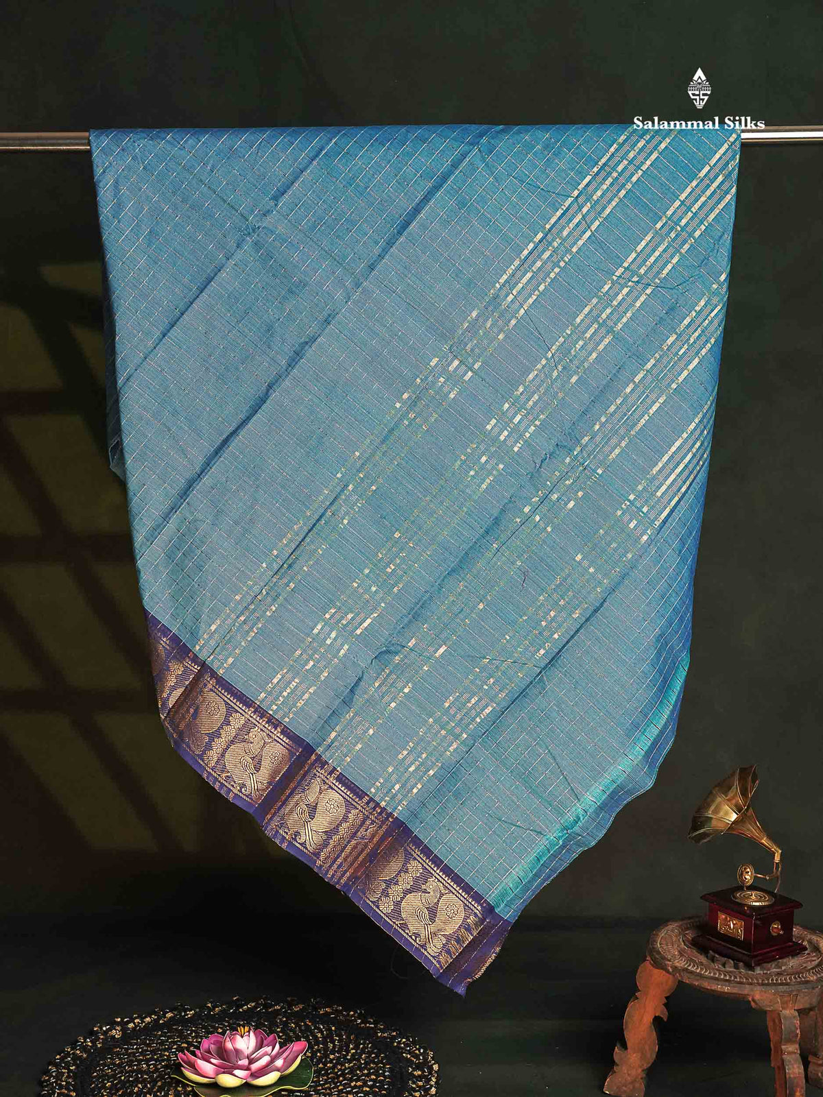 Chettinad Pure Cotton Saree - Dual Tone Blue Colour Body Zari Checks With Traditional Border