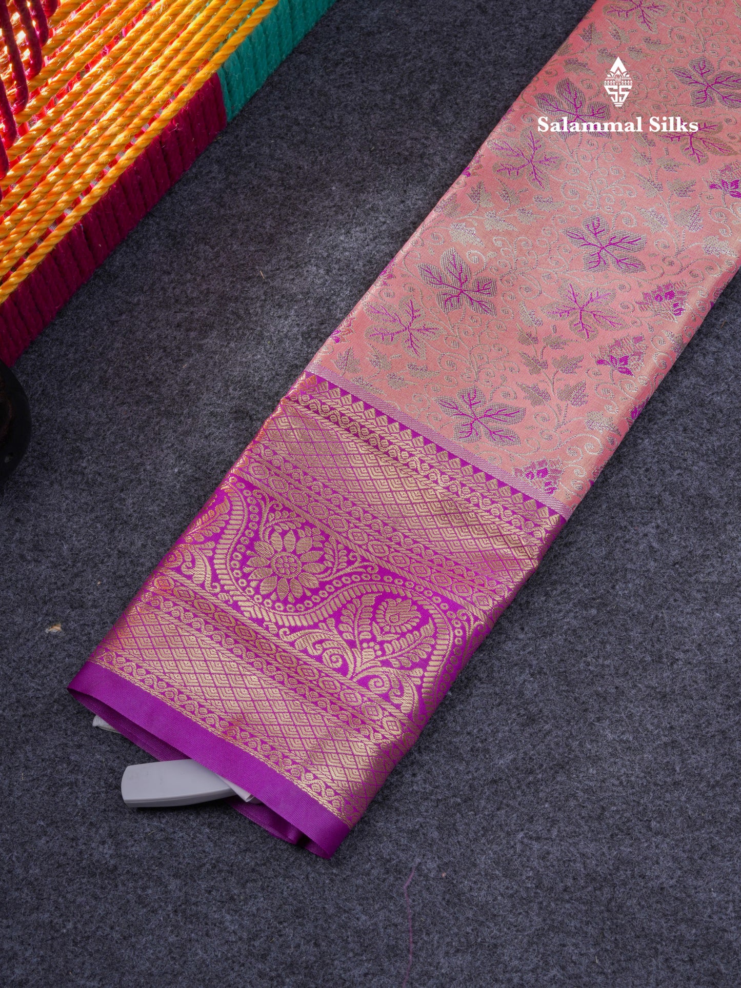 Semi Pattu Pavadai Tissue ( Peach ) With Contrast Dark Purple Blouse 21"