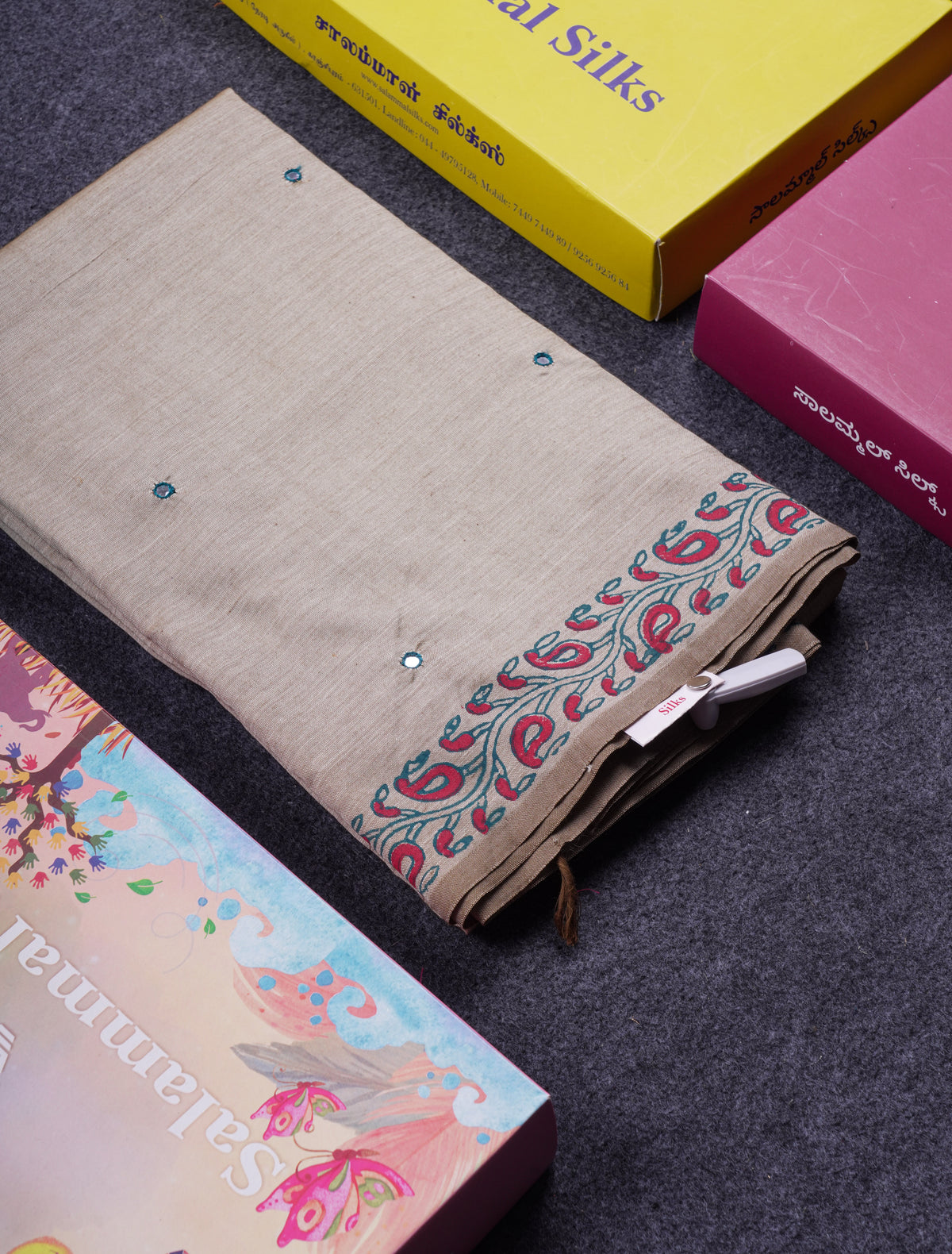 Beautiful Cream Sandal Mirror Work South Cotton Printed Saree With Contrast Pink Blouse