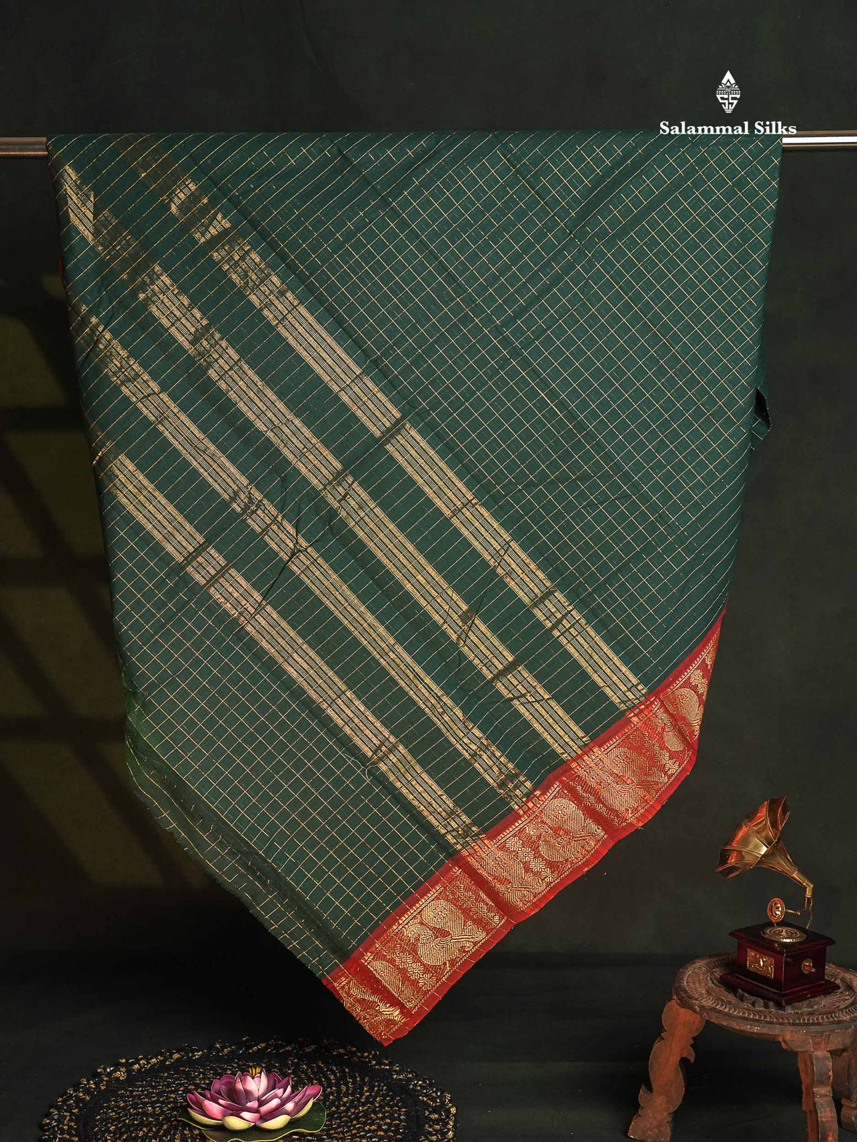 Chettinad Pure Cotton Saree - Bottle Green Colour Body Zari Checks With Contrast Maroon Border