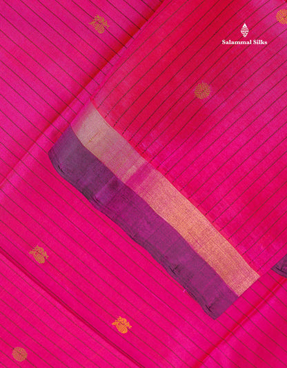 Pure Silk Cotton Saree - Yellow Colour Body Vertical Line With Thread Butta & Pink Blouse