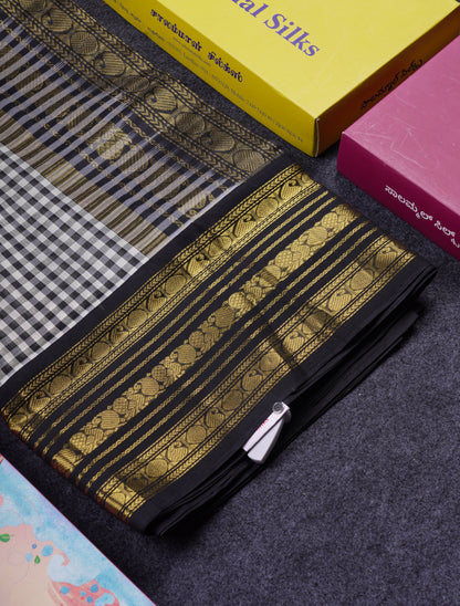 Beautiful Black & White Small Checks Pure Silk Cotton Saree With Contrast Black Traditional Border