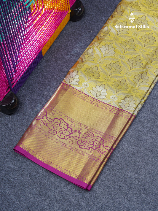 Semi Silk Pattu Pavadai ( Gold Tissue ) With Magenta Border  44"