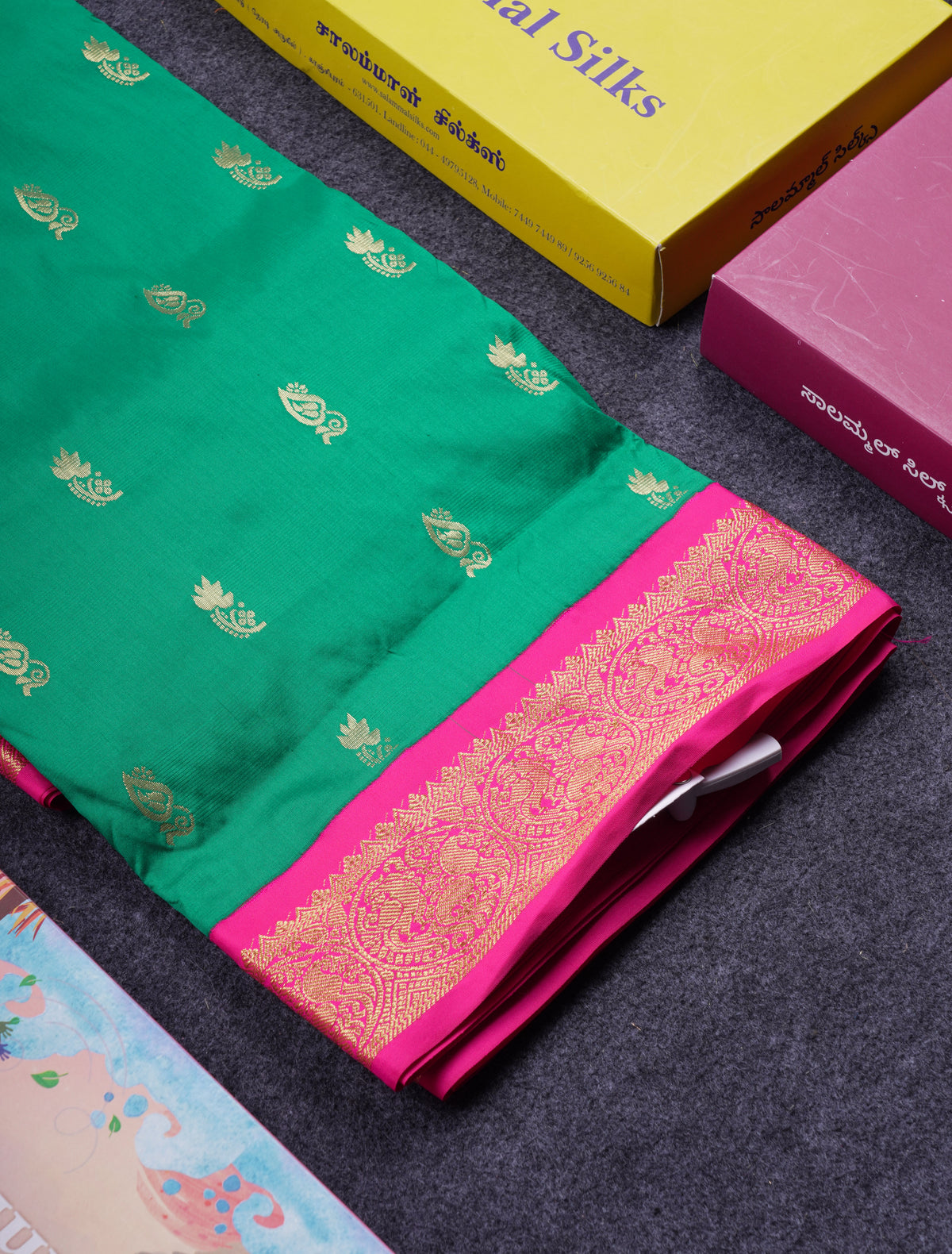 9.5 Yards Semi Silk Saree Bottle Green With Contrast Pink Traditional Border