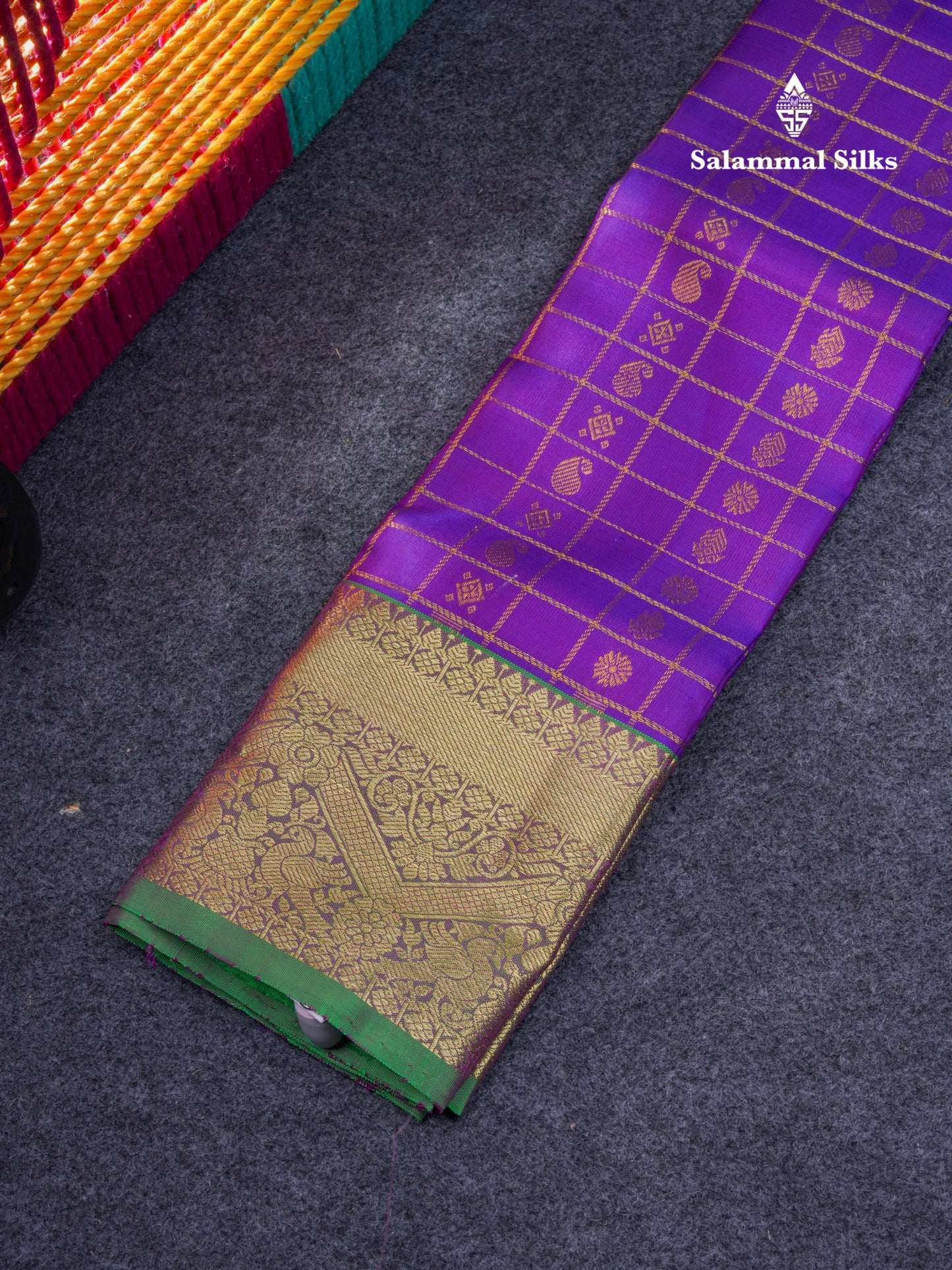 Pure Silk Pattu Pavadai Checks With Butta ( Dark Purple ) With Contrast Bottle Green Blouse 20"
