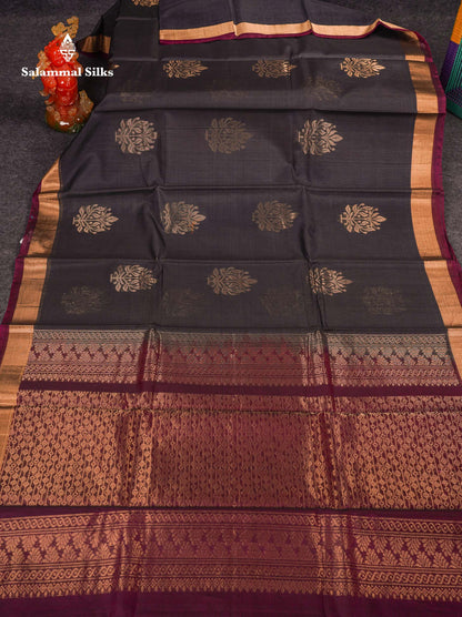 Beautiful Elephant Grey Zari Butta SICO Cotton Saree With Contrast Dark Magenta Blouse