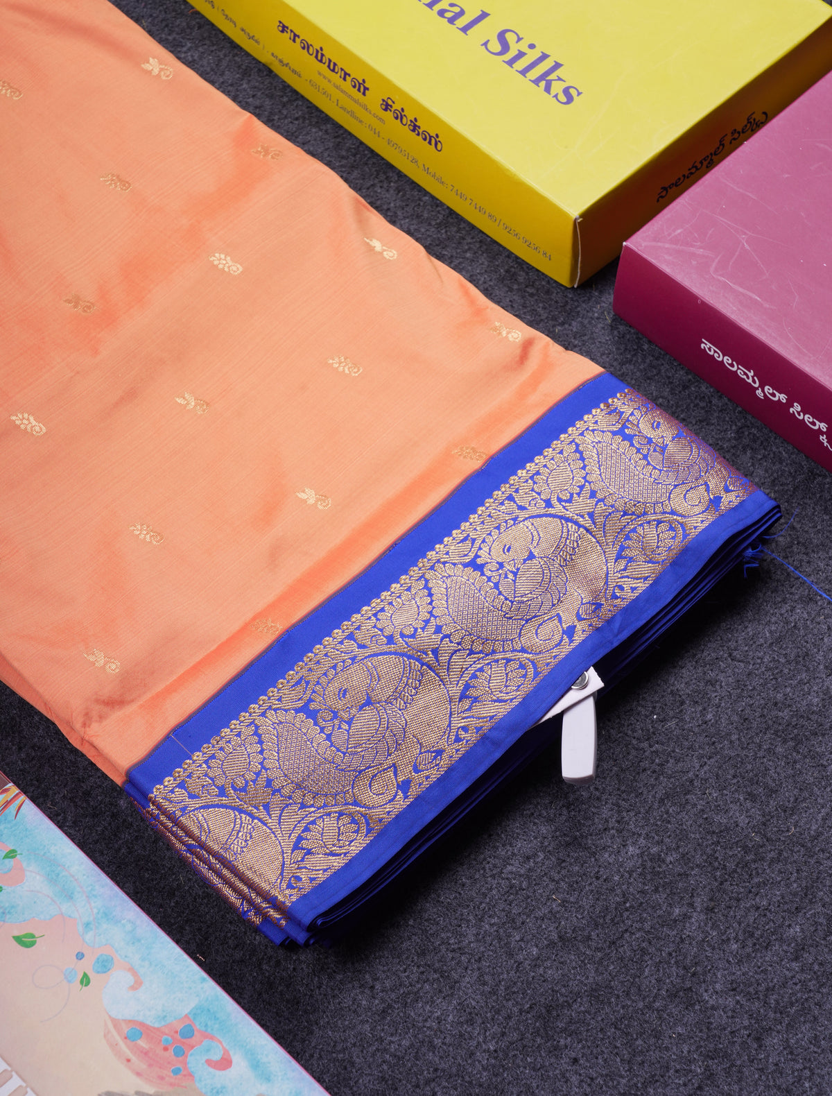 11 Yards Semi Silk Saree Light Orange with Contrast Royal Blue Traditional Border