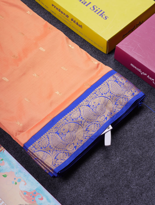 11 Yards Semi Silk Saree Light Orange with Contrast Royal Blue Traditional Border