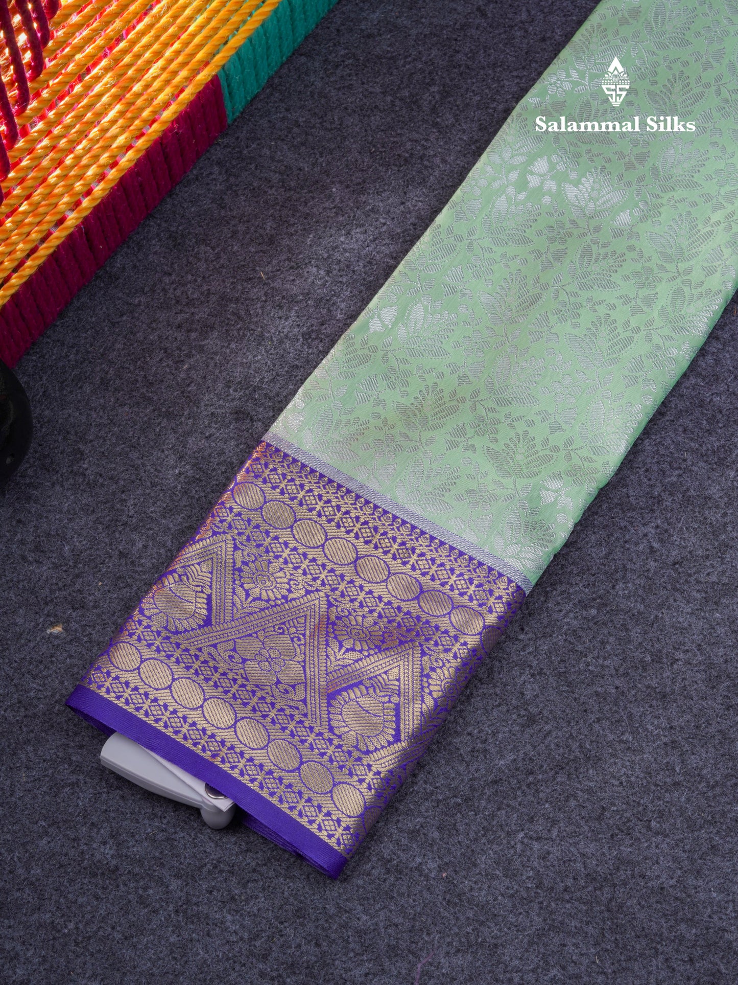 Semi Pattu Pavadai ( Light Elaichi Green ) With Contrast Navy Blue Blouse 21"