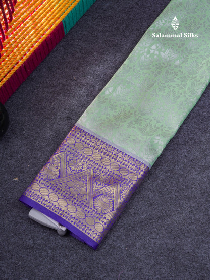 Semi Pattu Pavadai ( Light Elaichi Green ) With Contrast Navy Blue Blouse 21"
