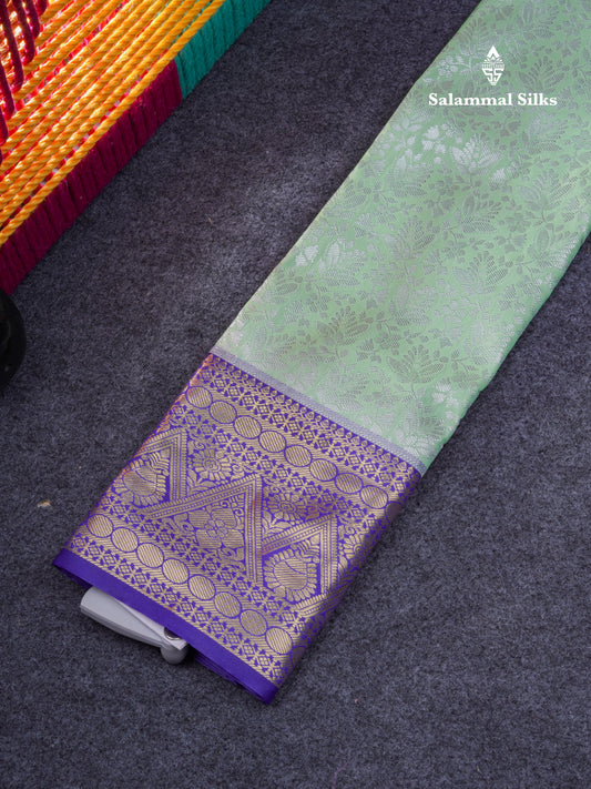 Semi Pattu Pavadai ( Light Elaichi Green ) With Contrast Navy Blue Blouse 21"