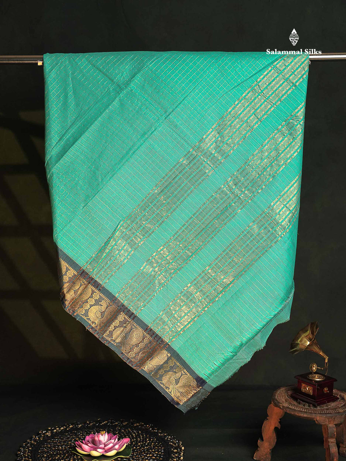 Chettinad Pure Cotton Saree - Rexona Green Colour Body Zari Checks With Traditional Border