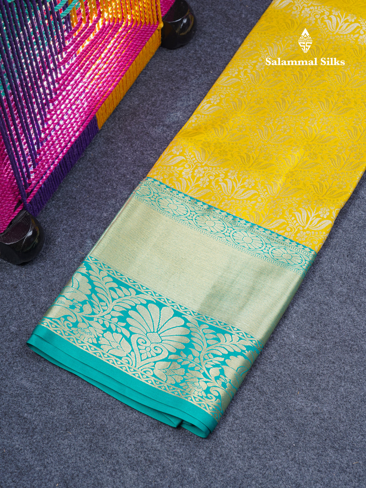 Semi Silk Pattu Pavadai ( Yellow ) With Peacock Green Blouse  44"