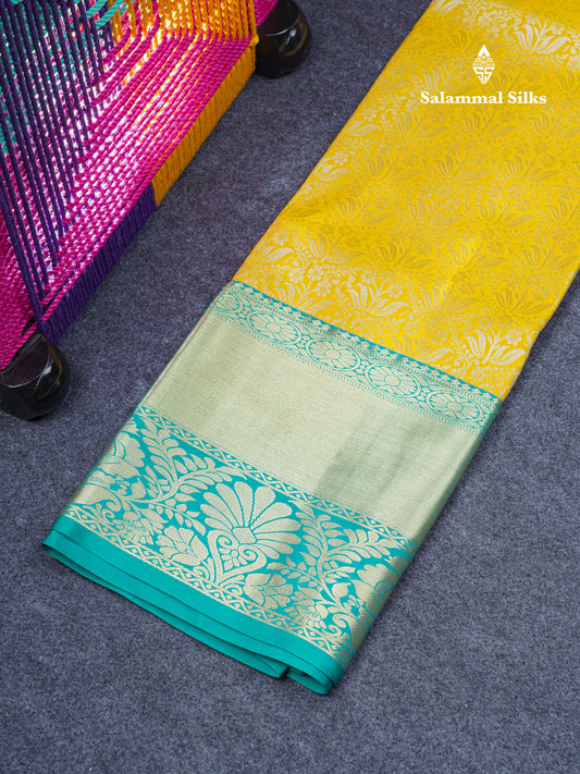 Semi Silk Pattu Pavadai ( Yellow ) With Peacock Green Blouse  44"