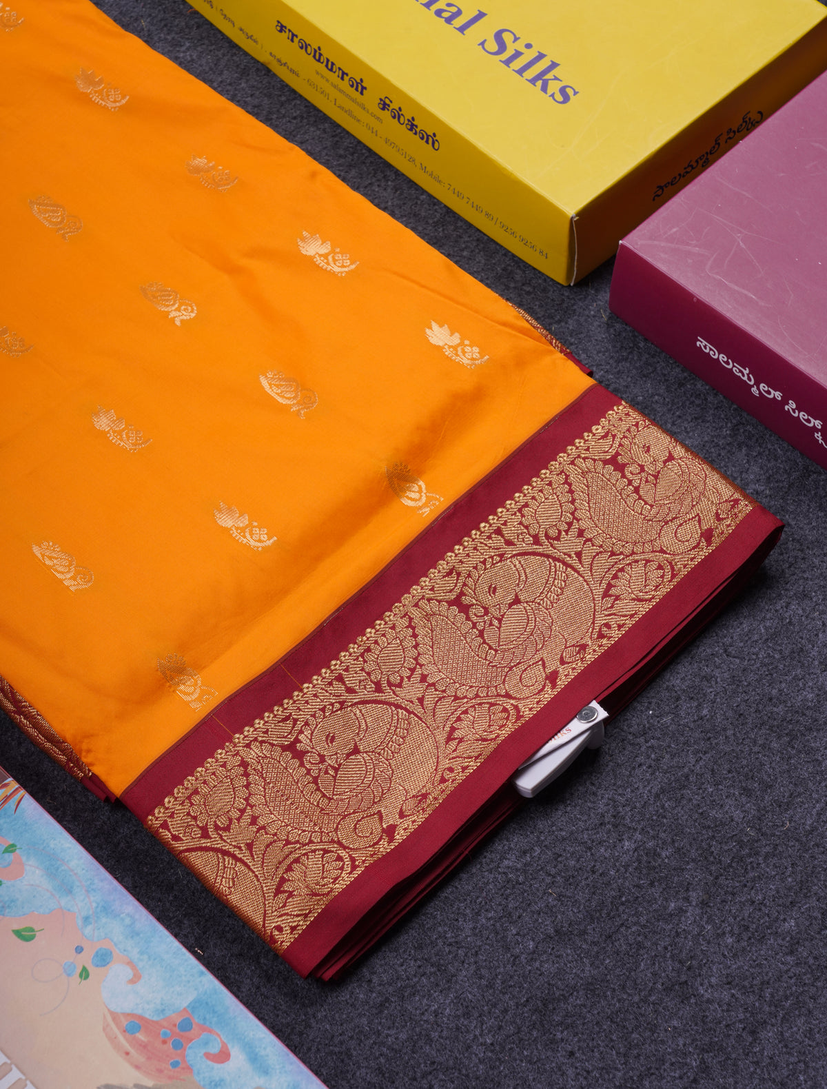 11 Yards Semi Silk Saree Mango Yellow with Contrast Maroon Traditional Border