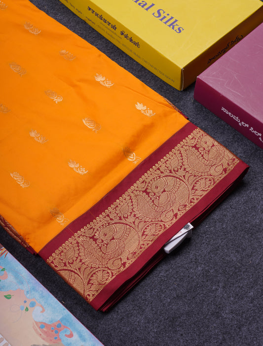 11 Yards Semi Silk Saree Mango Yellow with Contrast Maroon Traditional Border