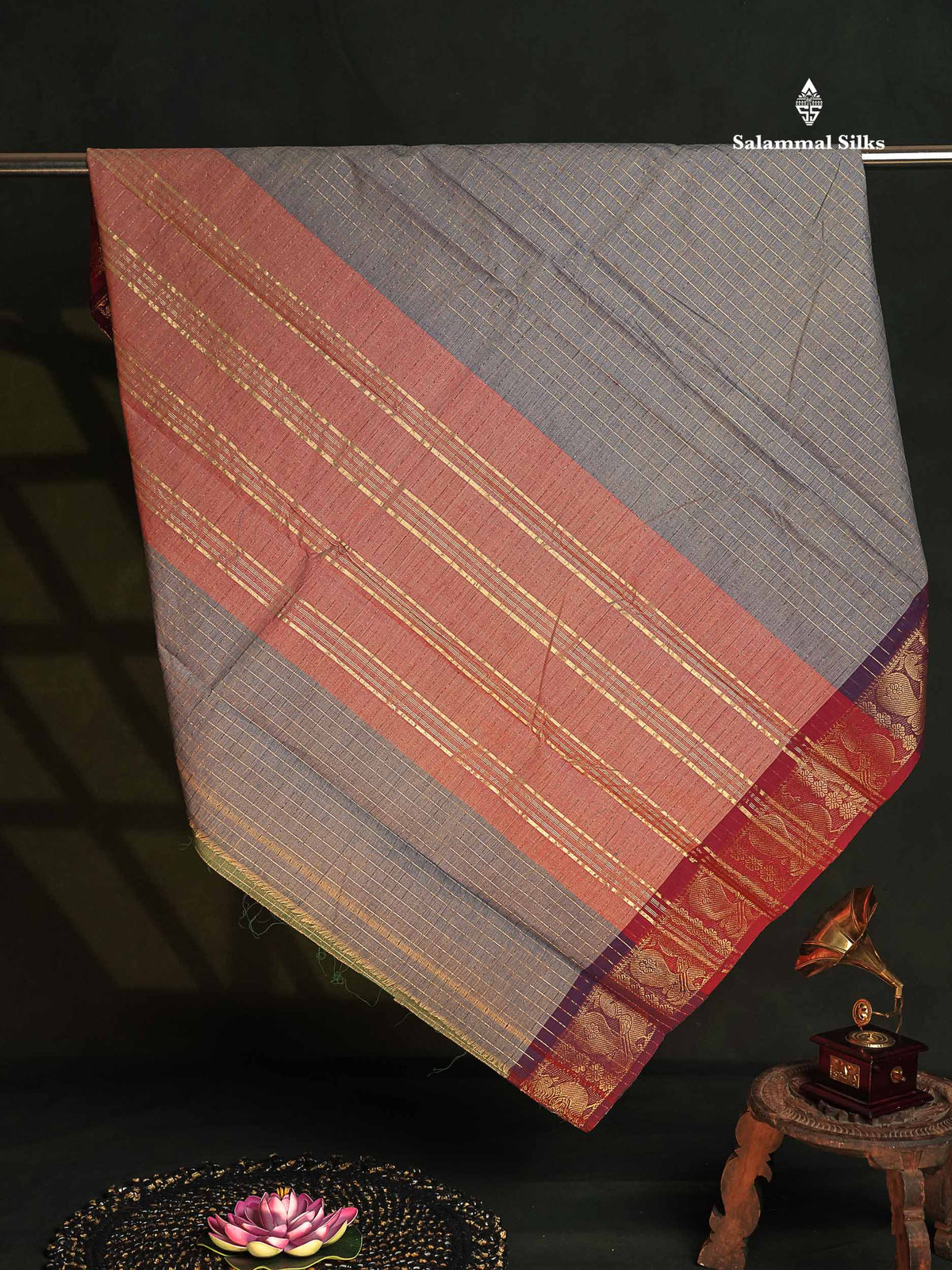 Chettinad Pure Cotton Saree - Dual Tone Blue Colour Body Zari Checks With Traditional Border 