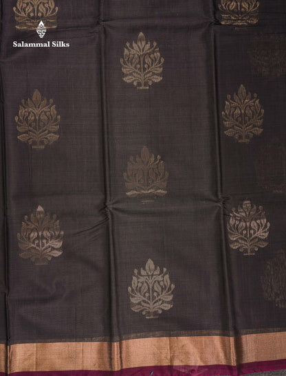 Beautiful Elephant Grey Zari Butta SICO Cotton Saree With Contrast Dark Magenta Blouse