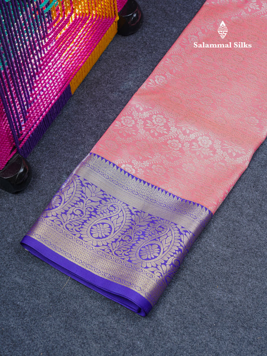 Semi Silk Pattu Pavadai (Peach) With Navy Blue Blouse 44"