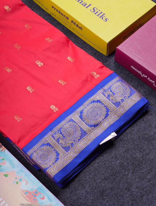 11 Yards Semi Silk Saree Chilly Red with Contrast Royal Blue Traditional Border