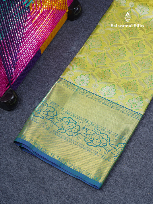 Semi Silk Pattu Pavadai (Parrot Green Tissue) With Olive Blue Blouse 44"