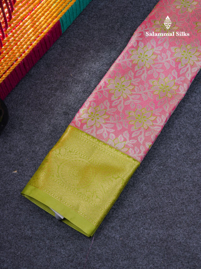 Semi Pattu Pavadai ( Peach Pink ) With Contrast Parrot Green Blouse 21.5"