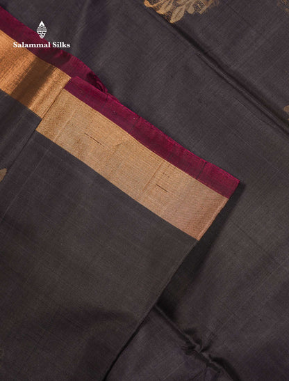 Beautiful Elephant Grey Zari Butta SICO Cotton Saree With Contrast Dark Magenta Blouse