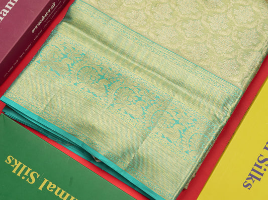 Rexona Green Tissue Bridal Pure Kanjivaram Silk Saree With Contrast Sky Blue Border