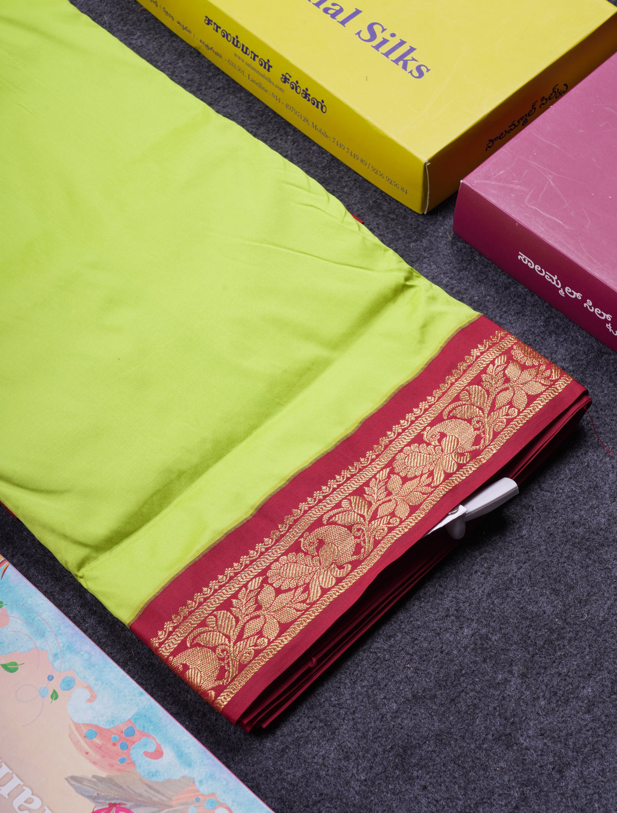 11 Yards Plain Semi Silk Saree Parrot Green with Contrast Dark Maroon Border