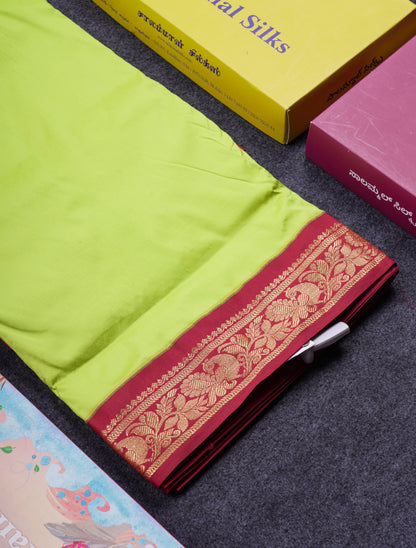 11 Yards Plain Semi Silk Saree Parrot Green with Contrast Dark Maroon Border