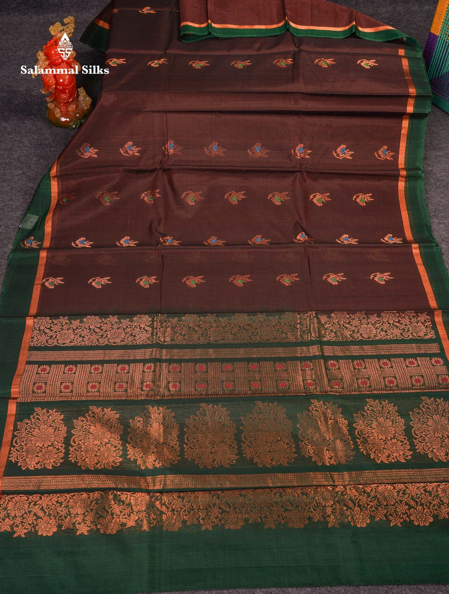 Beautiful Elephant Grey Zari Butta Menakari Work SICO Cotton Saree With Contrast Bottle Green Border