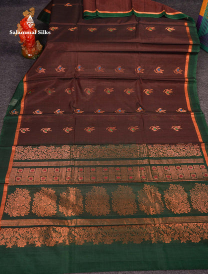 Beautiful Elephant Grey Zari Butta Menakari Work SICO Cotton Saree With Contrast Bottle Green Border
