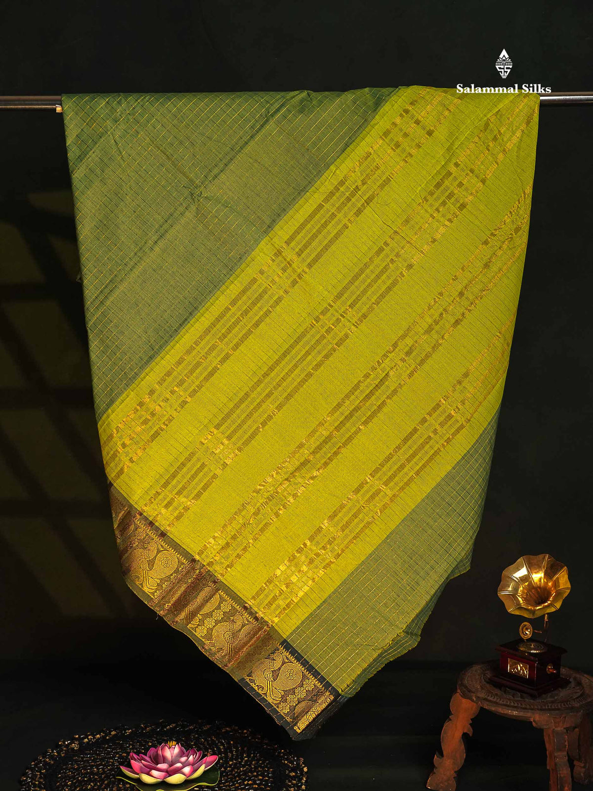 Chettinad Pure Cotton Saree - Manthulir Green Colour Body Zari Checks With Traditional Border