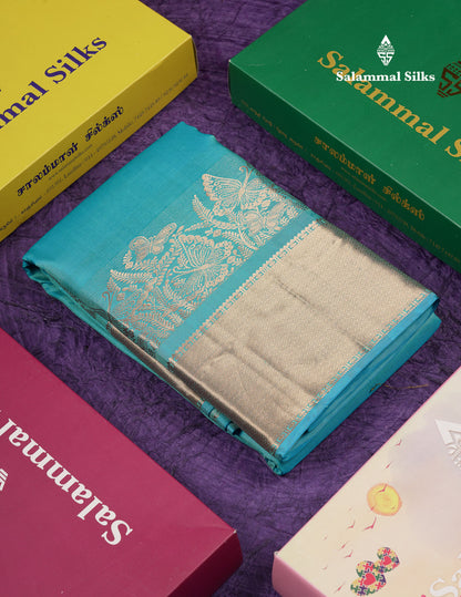 Beautiful Sapphire Blue Plain Pure Kanjivaram Silk Saree With Traditional Border