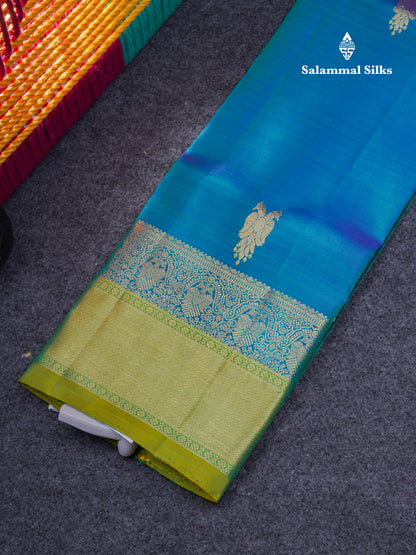 Pure Silk Pattu Pavadai (Peacock Blue) With Contrast Dual Tone Green Blouse 28"