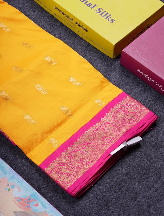 9.5 Yards Semi Silk Saree Mango Yellow With Contrast Pink Traditional Border