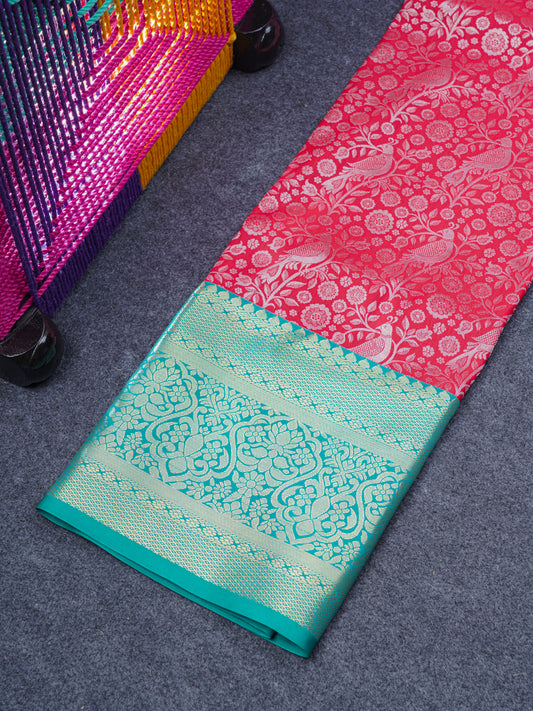 Semi Silk Pattu Pavadai (Tomato Red) With Peacock Green Blouse 44"