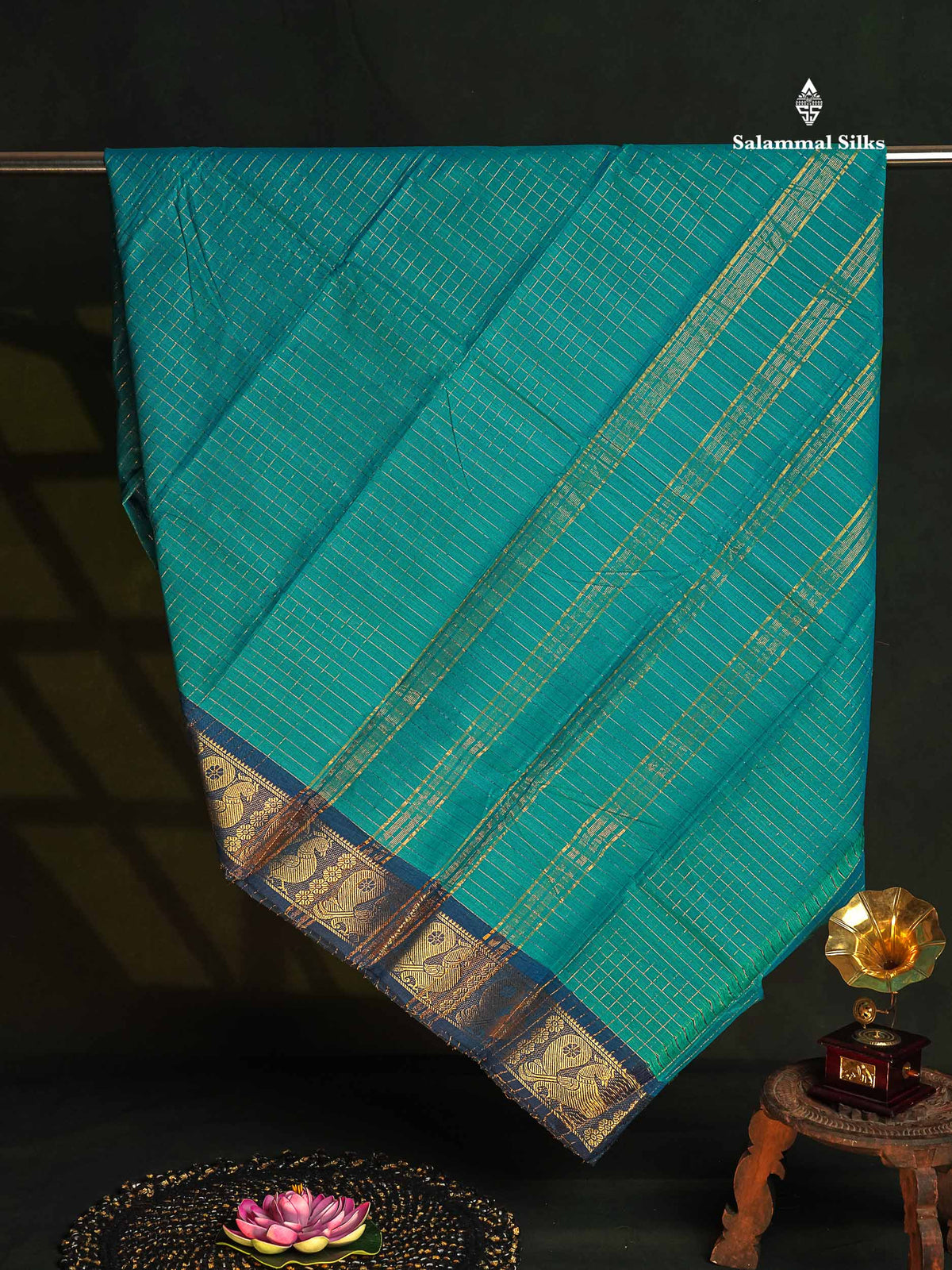 Chettinad Pure Cotton Saree - Dual Tone Colour Body Zari Checks With Contrast Blue Border