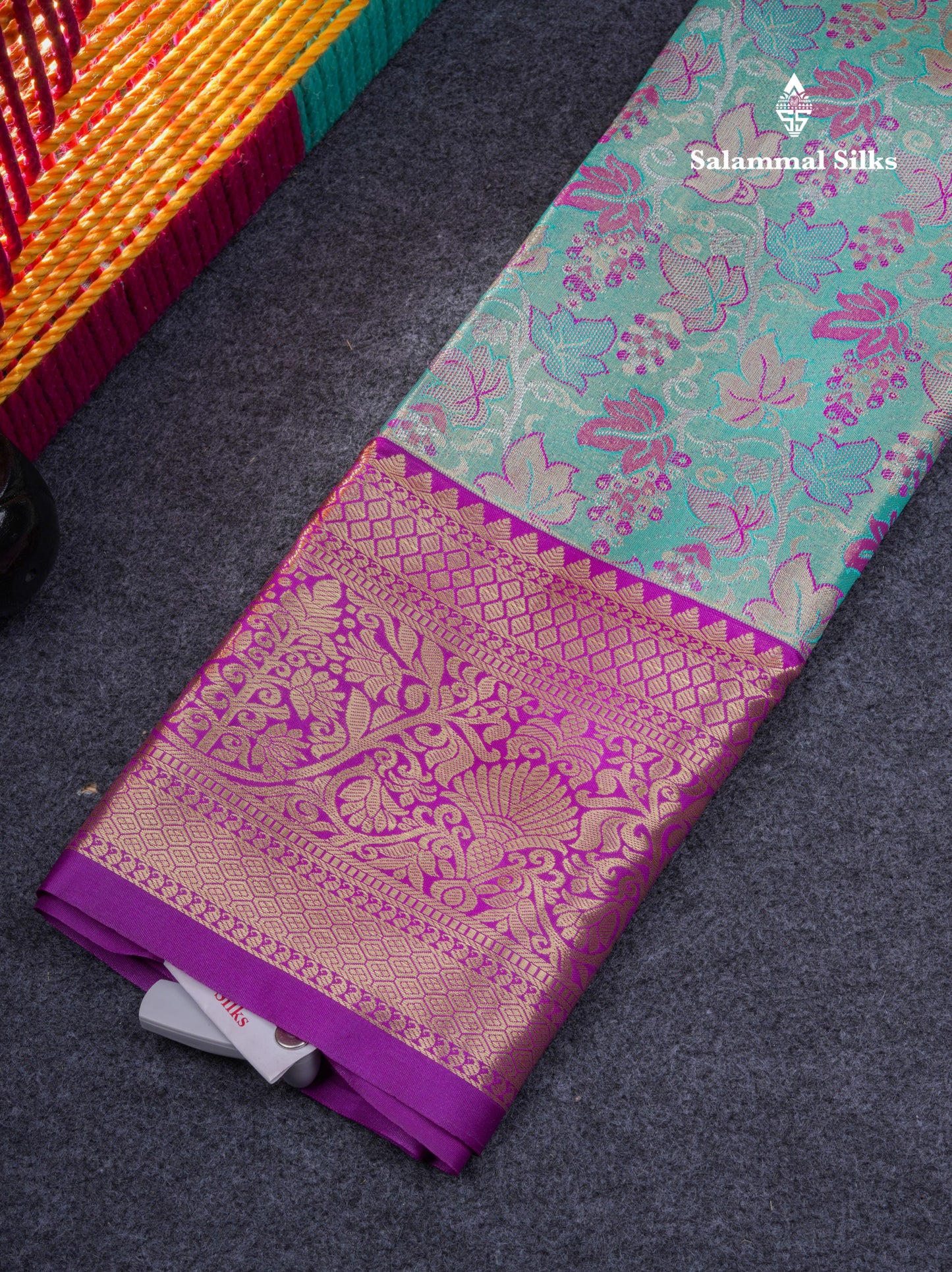Semi Silk Pattu Pavadai Tissue ( Pastel Blue ) with Purple Blouse 27"