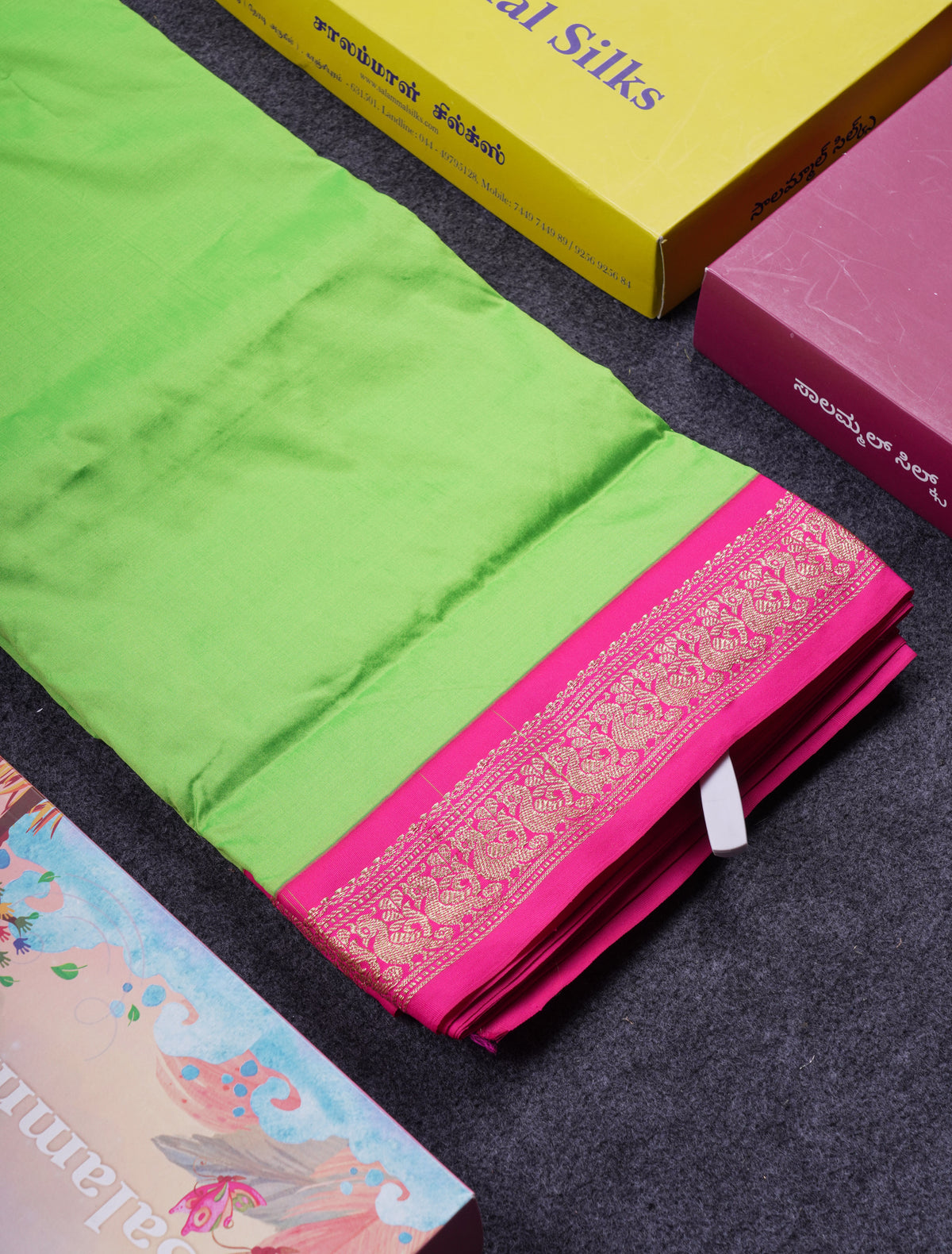 9.5 Yards Semi Silk Saree Parrot Green with Contrast Pink Traditional Border