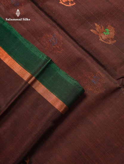 Beautiful Elephant Grey Zari Butta Menakari Work SICO Cotton Saree With Contrast Bottle Green Border