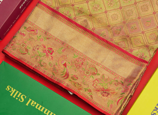 Multicolour Menakari Work Tissue Bridal Pure Kanjivaram Silk Saree With Contrast Chilly Red Border