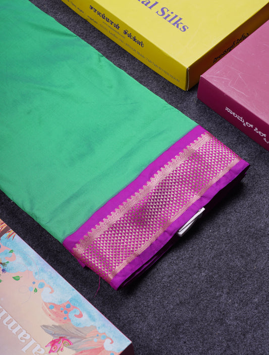 9.5 Yards Semi Silk Saree Saffire Green with Contrast Purple Traditional Border