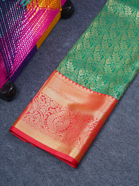 Semi Silk Pattu Pavadai (Bottle Green) With Red Blouse 44"