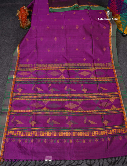 Pure Silk Cotton Saree - Dark Purple Colour Body Thread Butta & Traditional Border