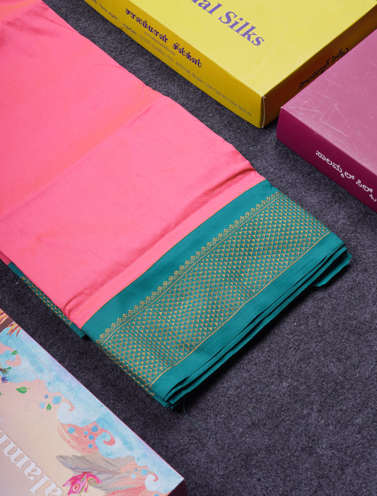 9.5 Yards Semi Silk Saree Dual Tone Pink With Contrast Sapphire Green Traditional Border