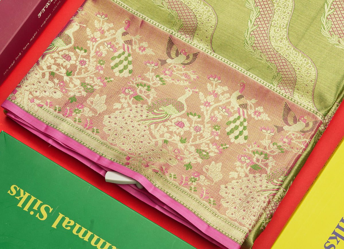Light Green Tissue Bridal Pure Kanjivaram Silk Saree With Contrst Light Pink Animal Theme Based Border