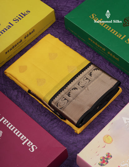 Beautiful Yellow Pure Kanjivaram Silk Saree With Contrast Black Traditional Border