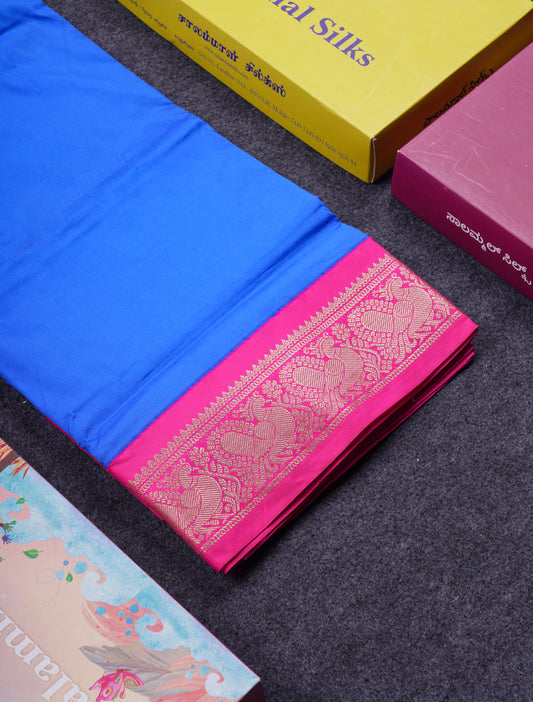 9.5 Yards Semi Silk Saree Peacock Blue with Contrast Pink Traditional Border