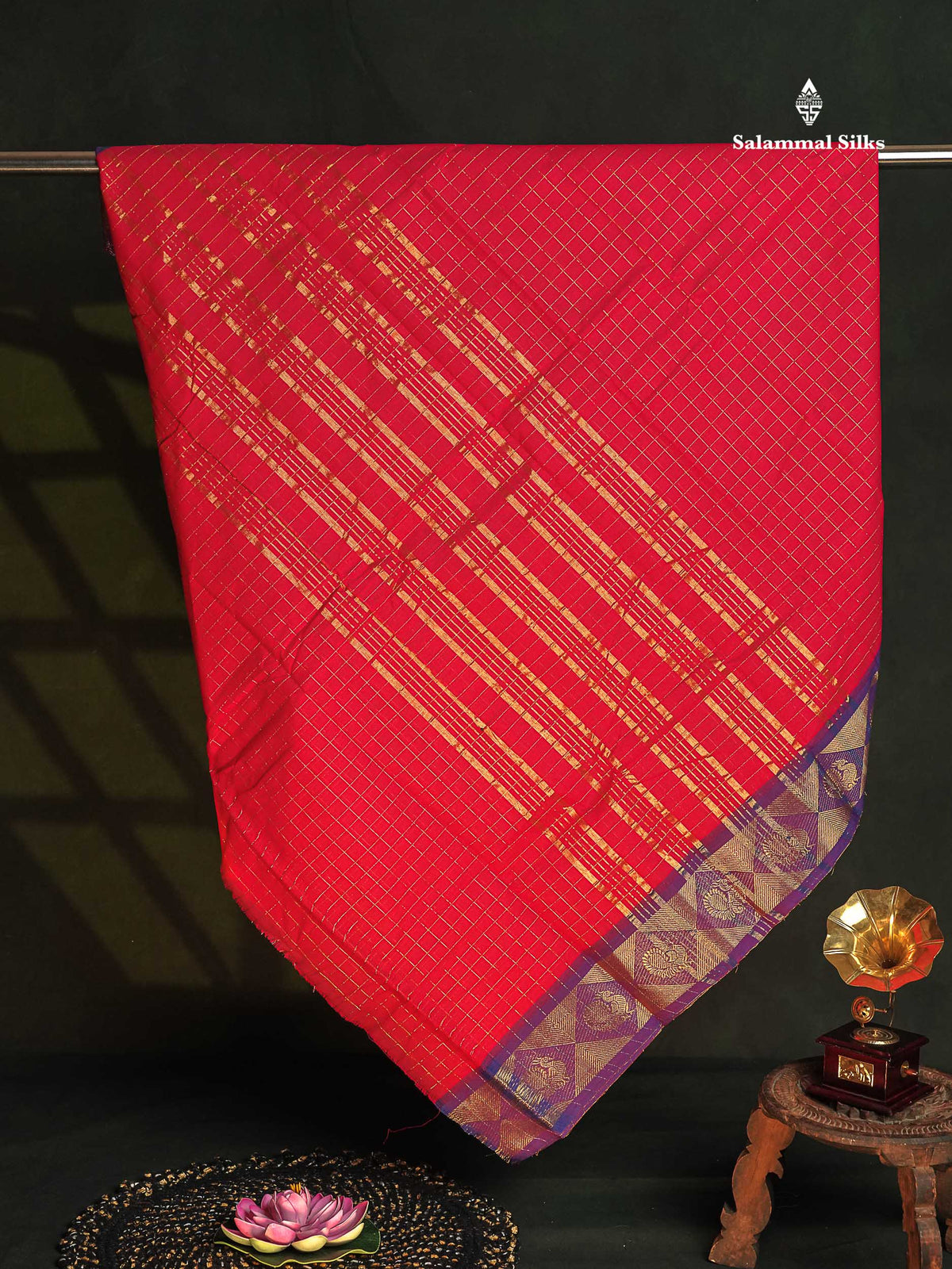 Chettinad Pure Cotton Saree - Pink Colour Body Zari Checks With Contrast Purple Border